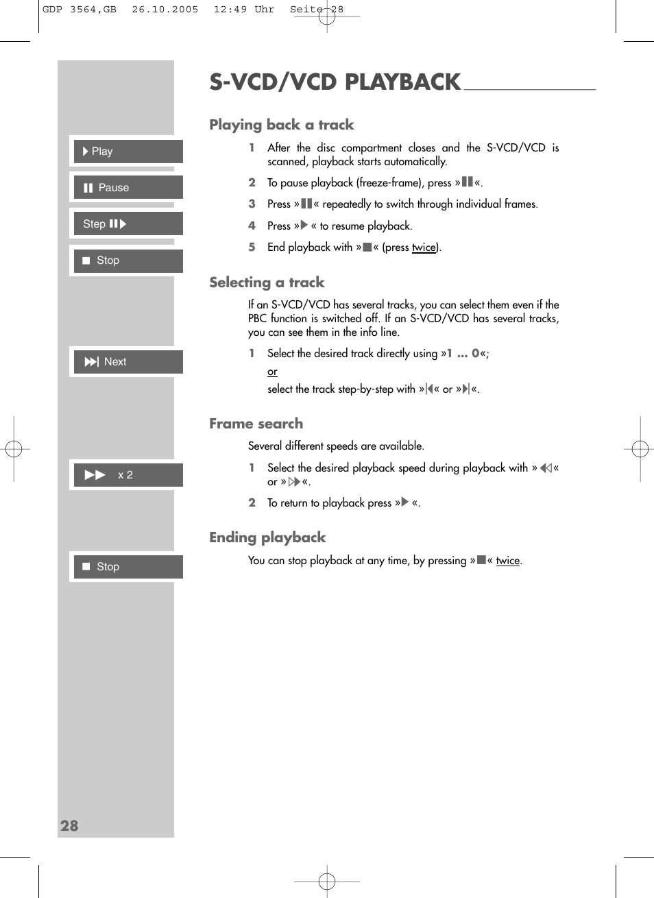 S-vcd/vcd playback, 28 playing back a track, Selecting a track | Frame search, Ending playback | Grundig GDP 3564 User Manual | Page 28 / 52