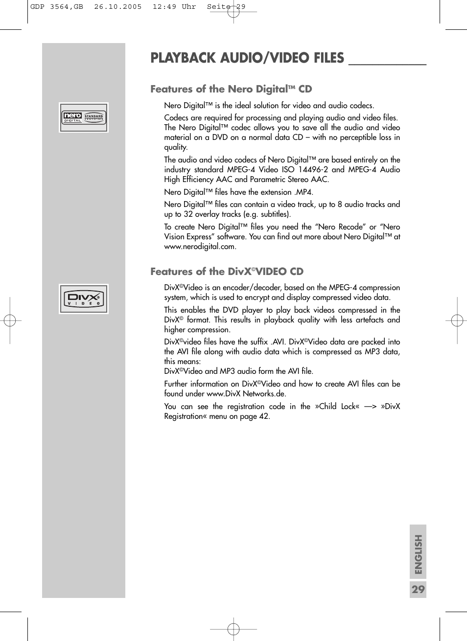 Playback audio/video files, 29 features of the nero digital, Features of the divx | Video cd | Grundig GDP 3564 User Manual | Page 29 / 52