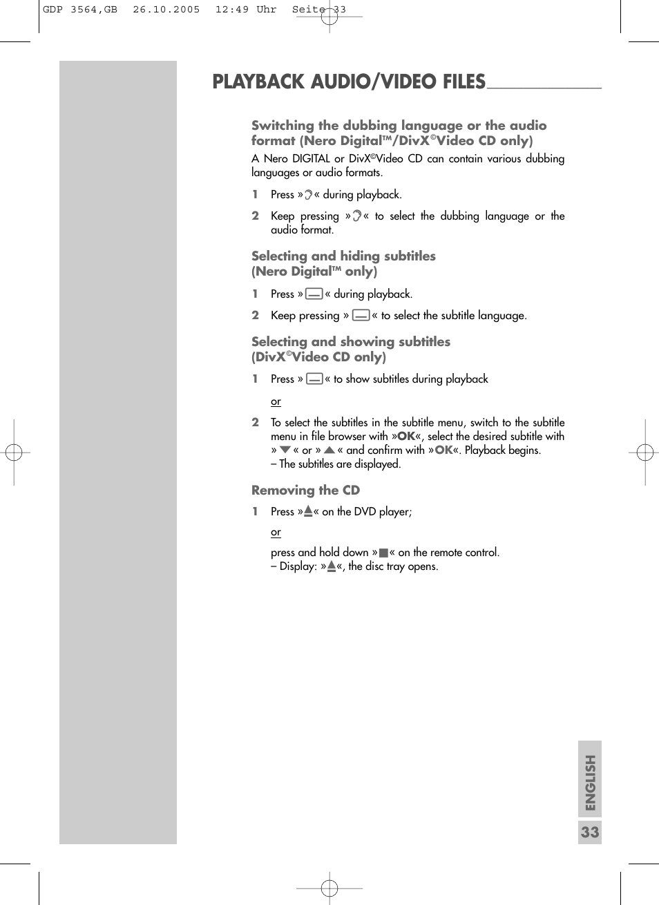 Playback audio/video files | Grundig GDP 3564 User Manual | Page 33 / 52