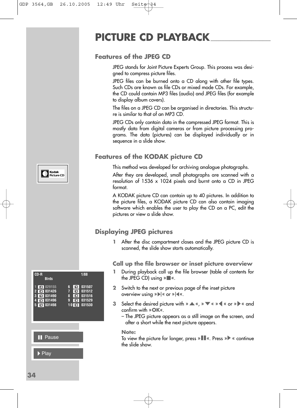 Picture cd playback, 34 features of the jpeg cd, Features of the kodak picture cd | Displaying jpeg pictures | Grundig GDP 3564 User Manual | Page 34 / 52