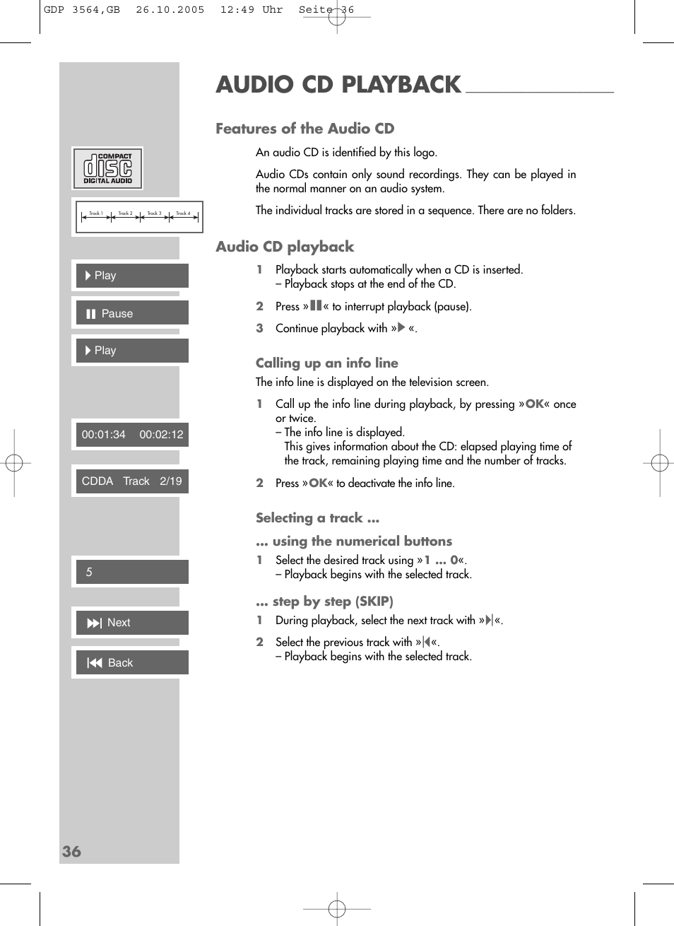 36 features of the audio cd, Audio cd playback | Grundig GDP 3564 User Manual | Page 36 / 52