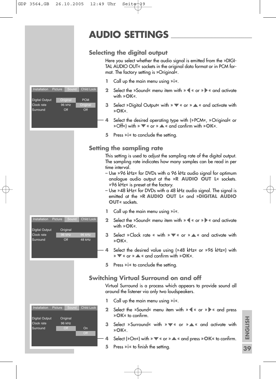 Audio settings, 39 selecting the digital output, Setting the sampling rate | Switching virtual surround on and off | Grundig GDP 3564 User Manual | Page 39 / 52
