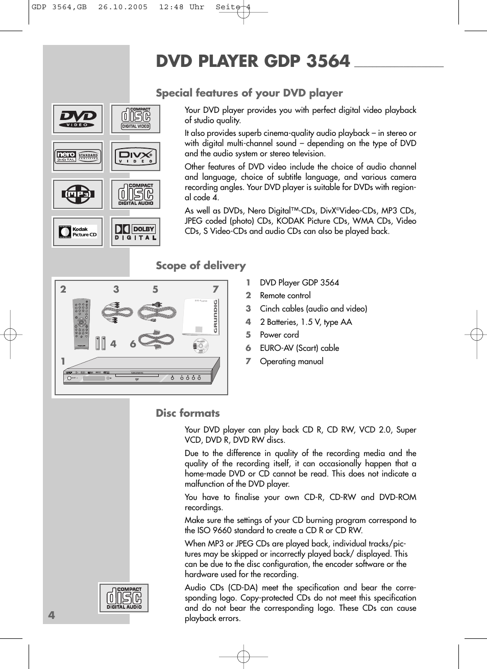 Dvd player gdp 3564, 4special features of your dvd player, Scope of delivery | Disc formats | Grundig GDP 3564 User Manual | Page 4 / 52