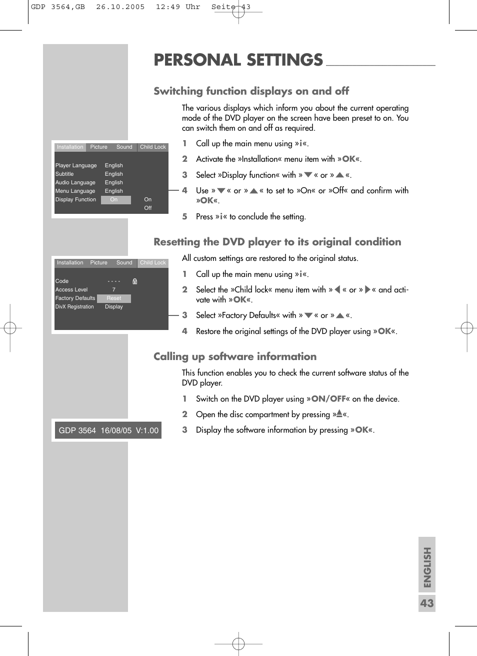 Personal settings, 43 switching function displays on and off, Resetting the dvd player to its original condition | Calling up software information | Grundig GDP 3564 User Manual | Page 43 / 52