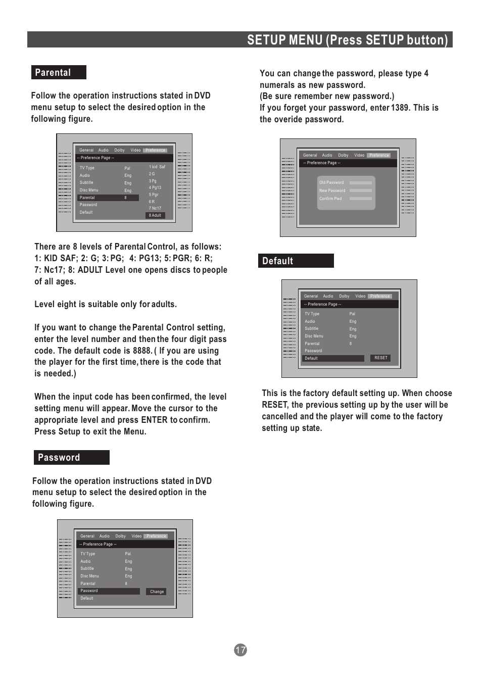 Т³гж 18, Setup menu (press setup button), Parental | Password, Default | Grundig GDP 1600P User Manual | Page 18 / 21