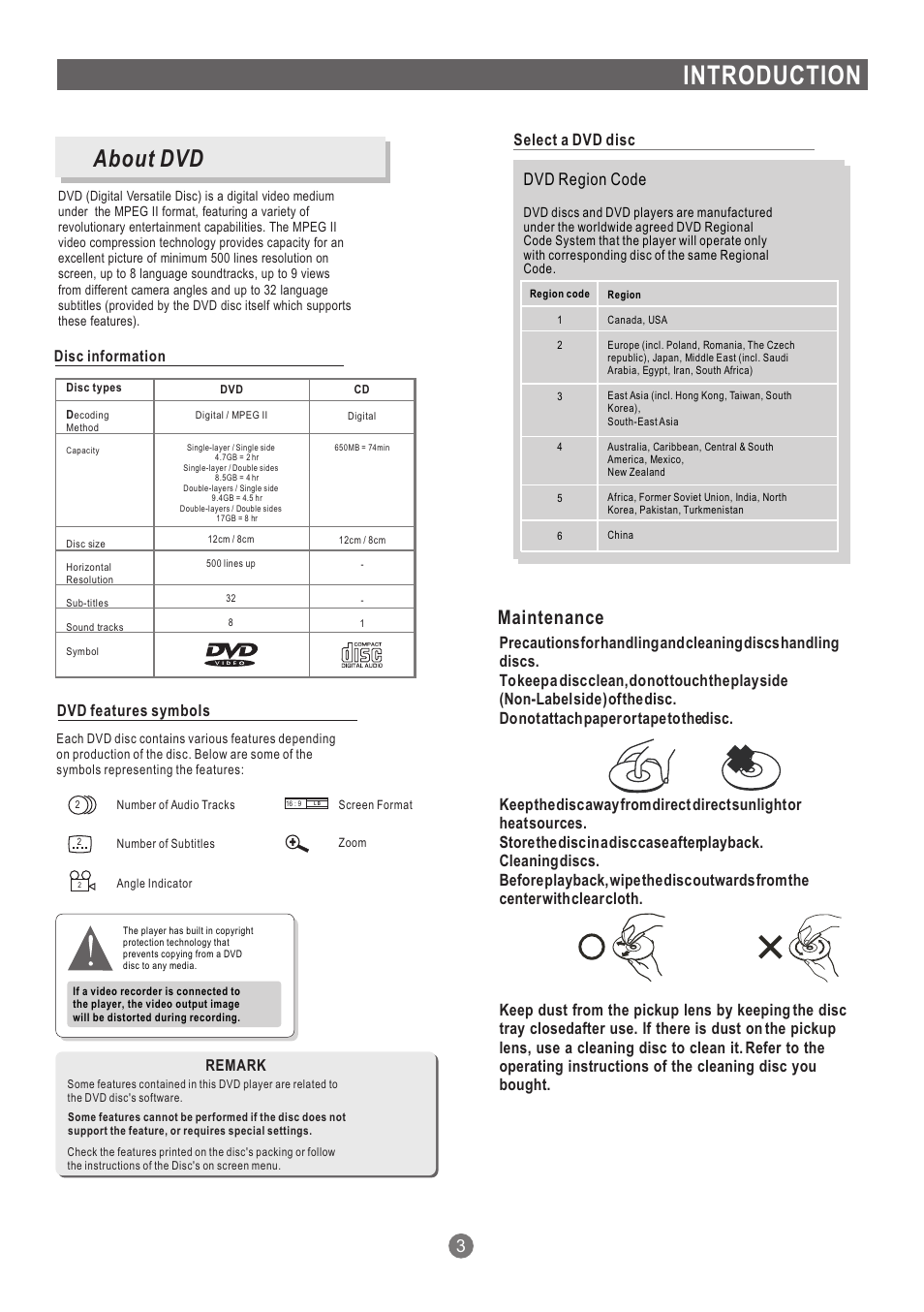 Introduction, About dvd, Maintenance | Select a dvd disc, Dvd region code | Grundig GDP 1600P User Manual | Page 4 / 21