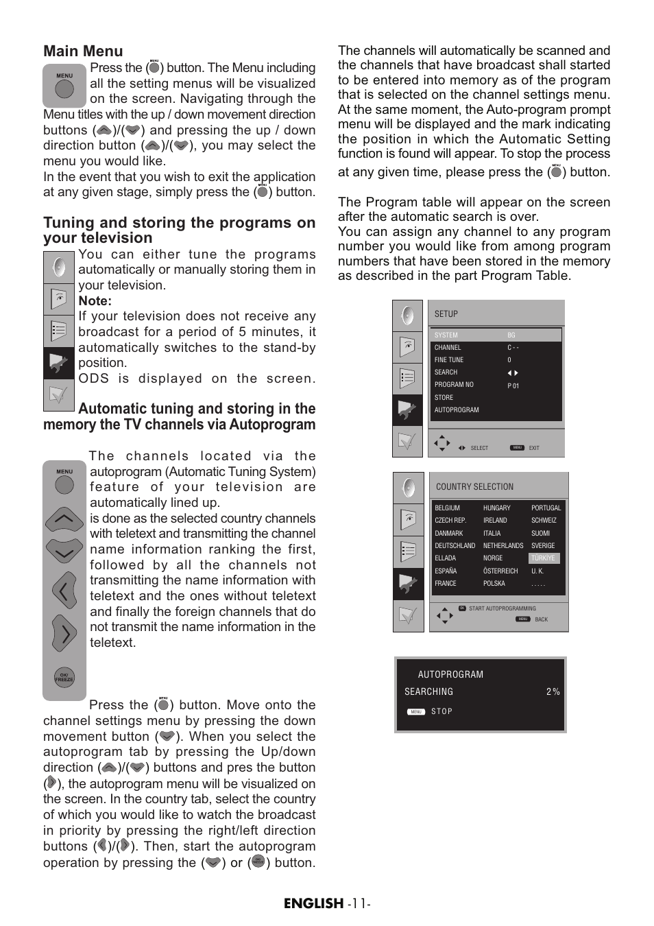 Main menu, Tuning and storing the programs on your television, English -11 | Grundig AMIRA26HDBLK User Manual | Page 10 / 28