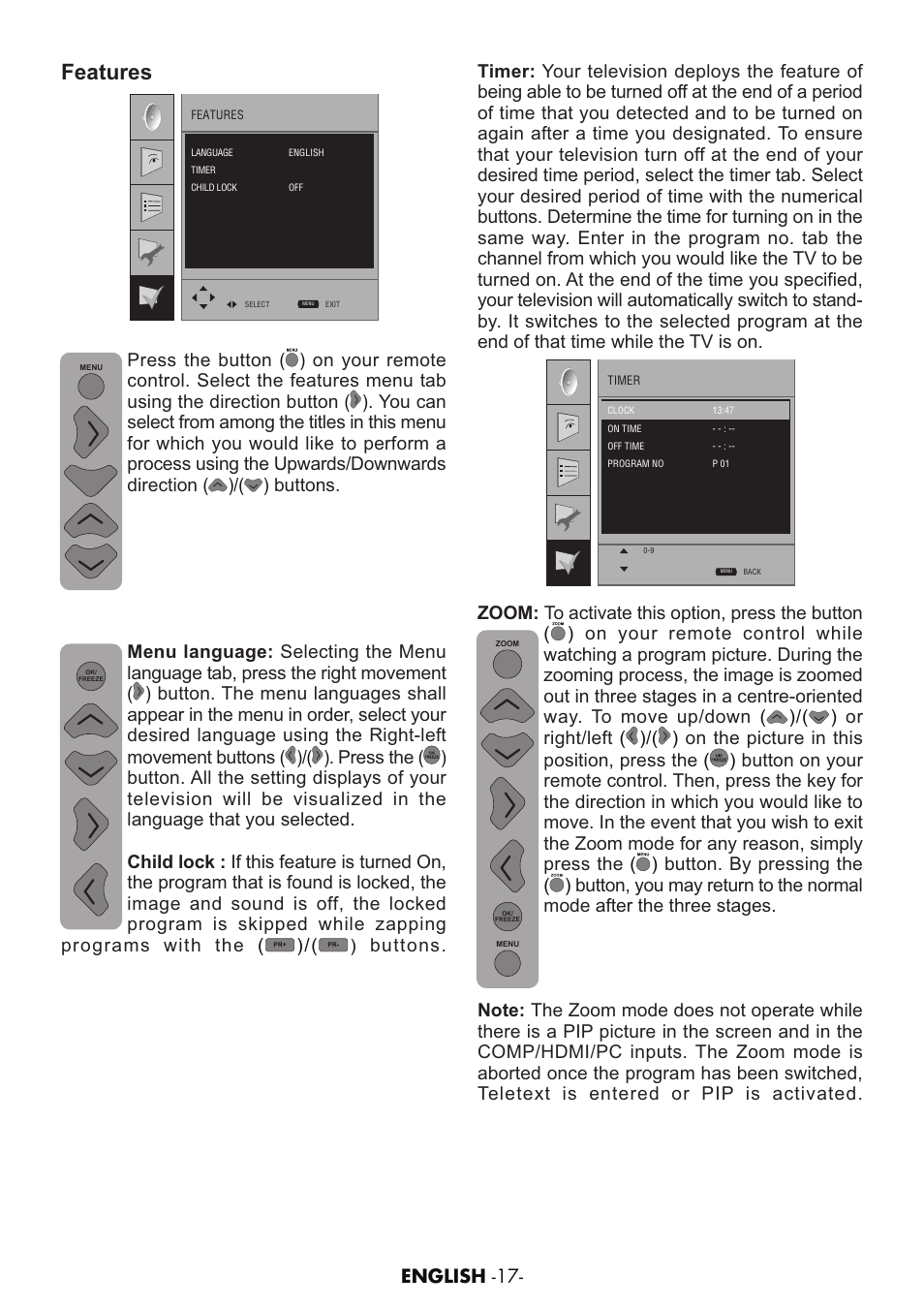 Features, Buttons, English -17 | Grundig AMIRA26HDBLK User Manual | Page 16 / 28