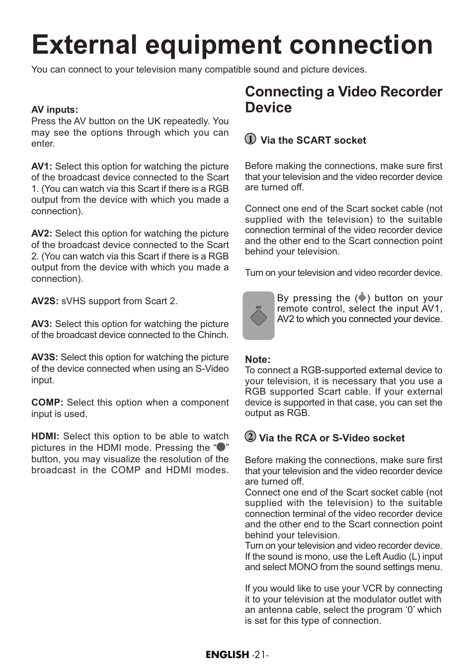 External equipment connection, Connecting a video recorder device | Grundig AMIRA26HDBLK User Manual | Page 20 / 28