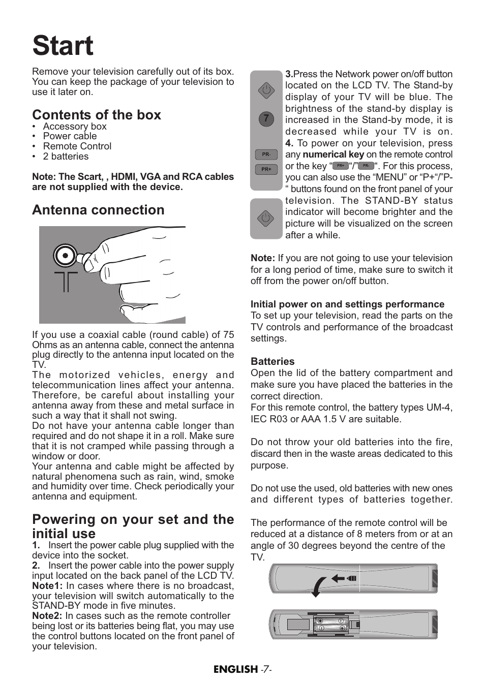 Start, Contents of the box, Antenna connection | Powering on your set and the initial use | Grundig AMIRA26HDBLK User Manual | Page 6 / 28