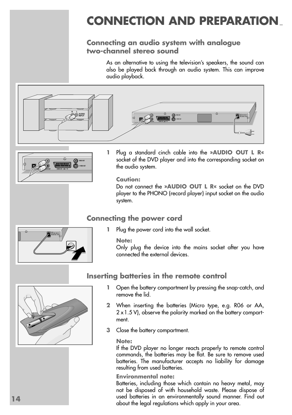 Connection and preparation, Connecting the power cord, Inserting batteries in the remote control | Grundig GDP 9550 User Manual | Page 14 / 47