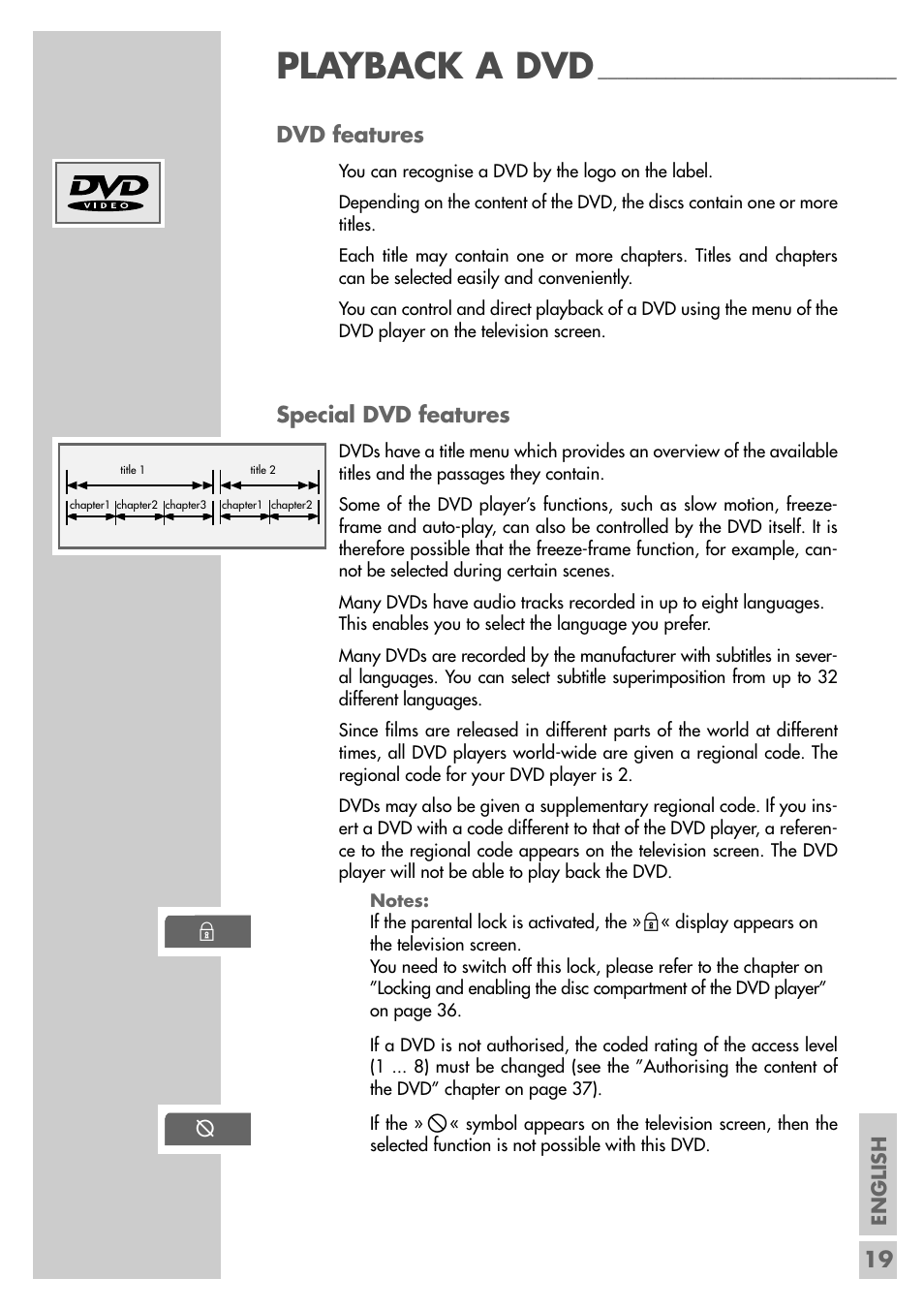 Playback a dvd, 19 dvd features, Special dvd features | English | Grundig GDP 9550 User Manual | Page 19 / 47