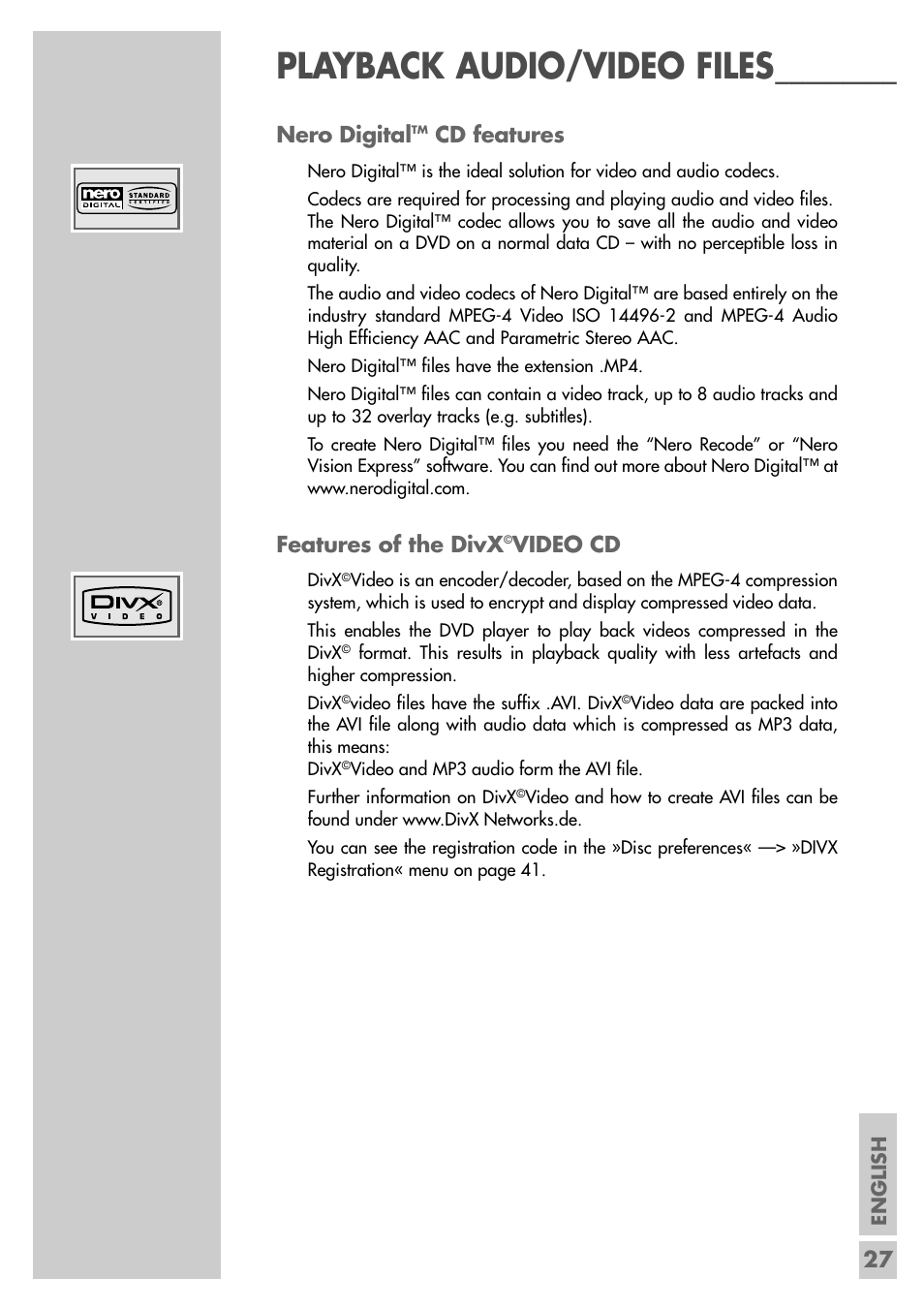 Playback audio/video files, 27 nero digital, Cd features | Features of the divx, Video cd | Grundig GDP 9550 User Manual | Page 27 / 47