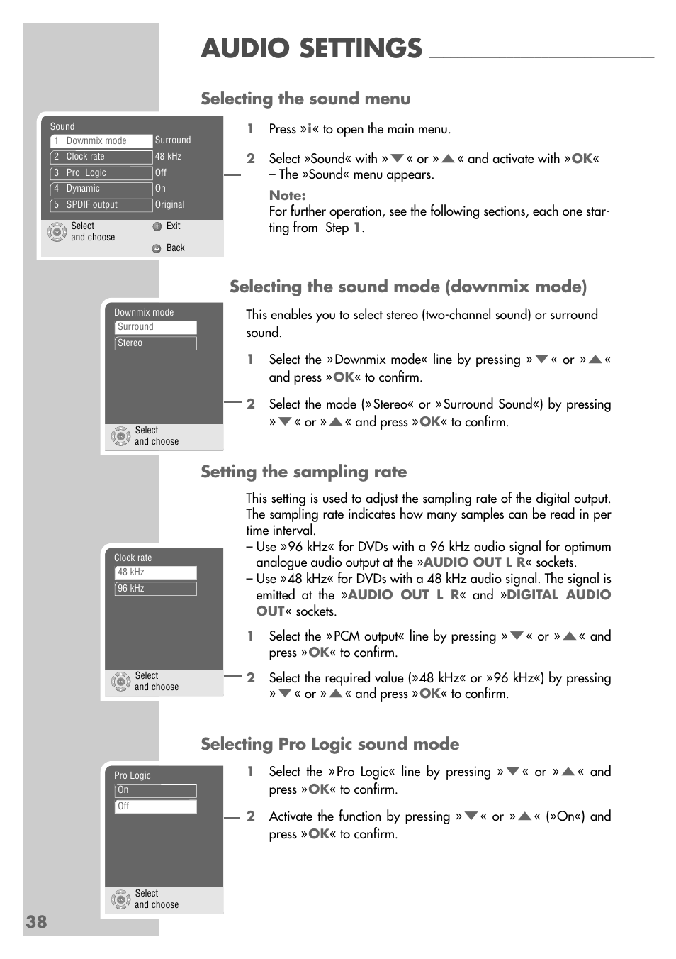 Audio settings, 38 selecting the sound menu, Selecting the sound mode (downmix mode) | Setting the sampling rate, Selecting pro logic sound mode | Grundig GDP 9550 User Manual | Page 38 / 47