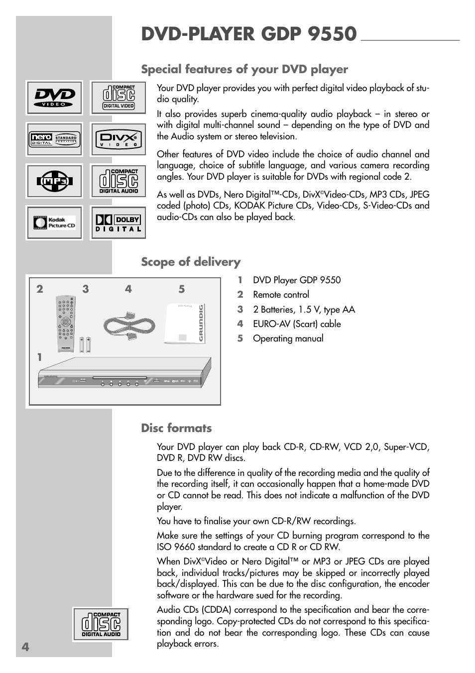 Dvd-player gdp 9550, 4special features of your dvd player, Scope of delivery | Disc formats | Grundig GDP 9550 User Manual | Page 4 / 47