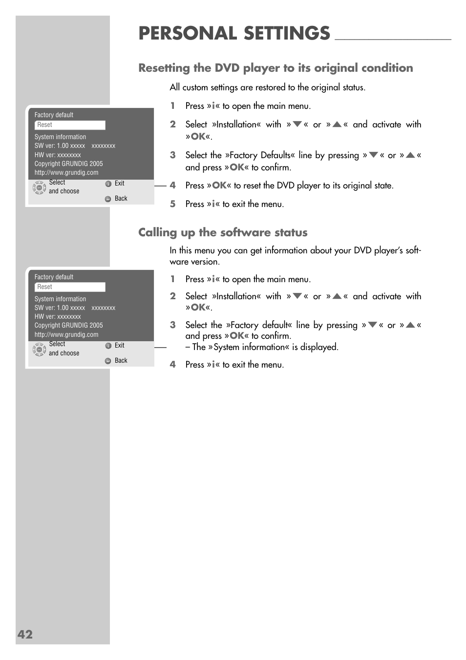 Personal settings, Calling up the software status | Grundig GDP 9550 User Manual | Page 42 / 47