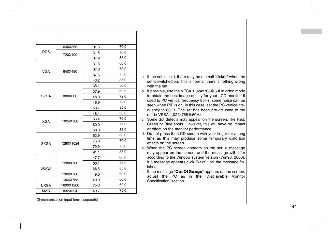 Displayable monitor specification | Grundig XENTIA LXW 94-8625 User Manual | Page 41 / 44