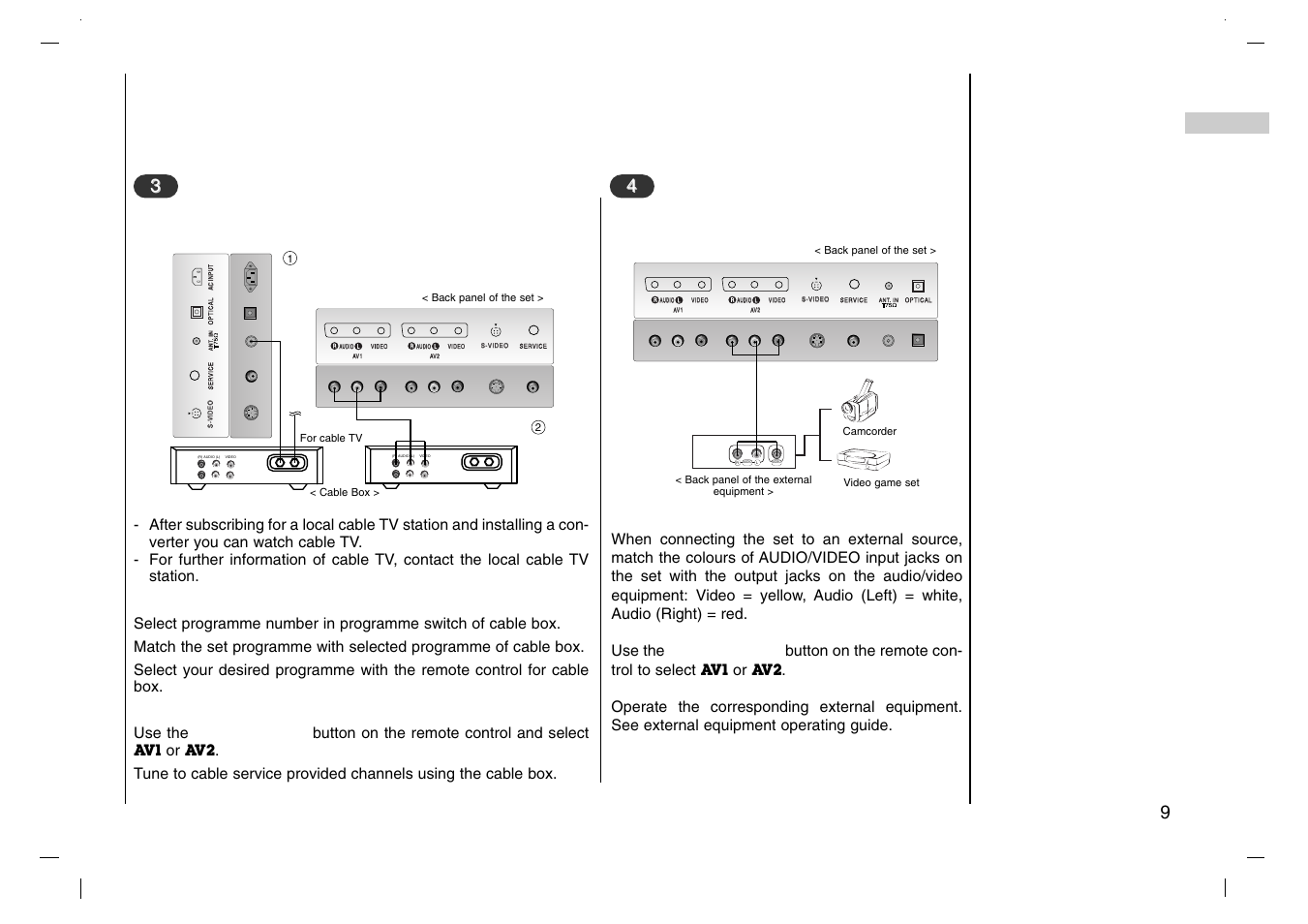 Connection to, External equipment, Watching cable tv 3 3 | Watching external av source 4 4 | Grundig XENTIA LXW 94-8625 User Manual | Page 9 / 44