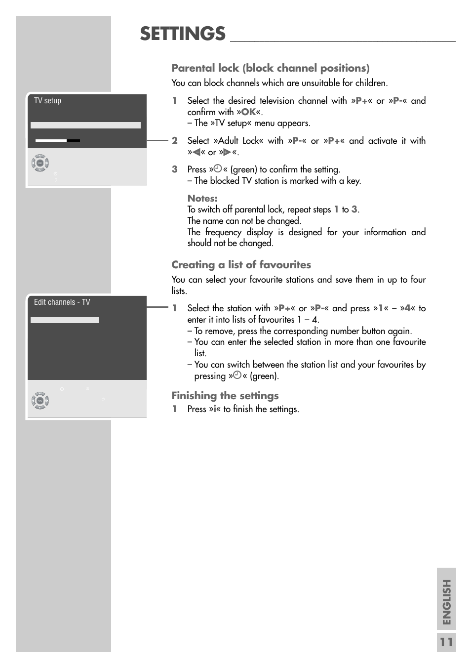 Settings, English, Parental lock (block channel positions) | Creating a list of favourites, Finishing the settings | Grundig MF 72-6510/8 User Manual | Page 11 / 40