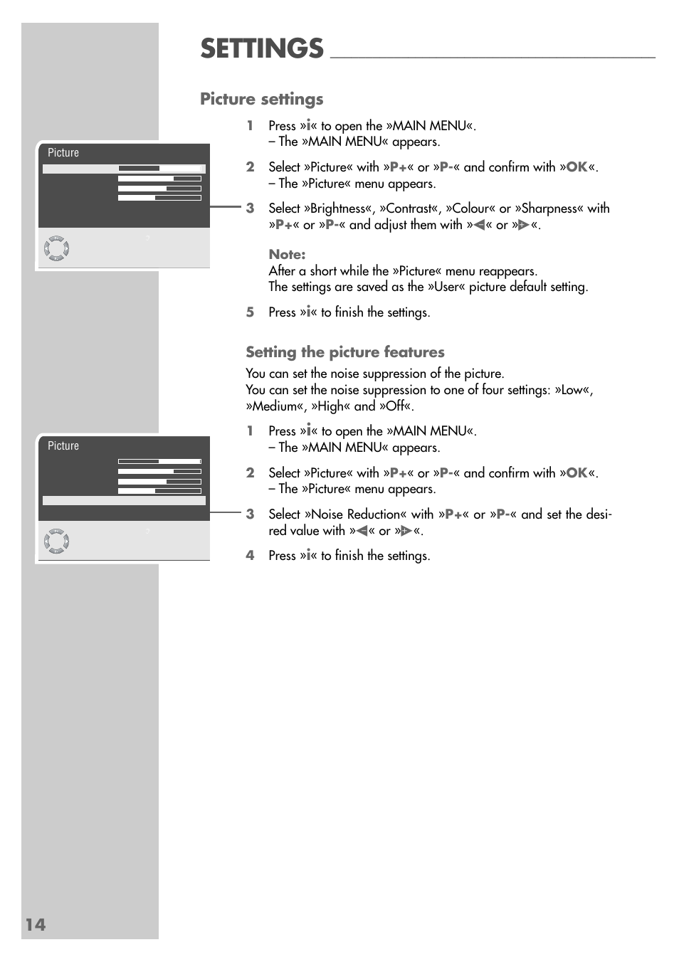 Settings, 14 picture settings | Grundig MF 72-6510/8 User Manual | Page 14 / 40