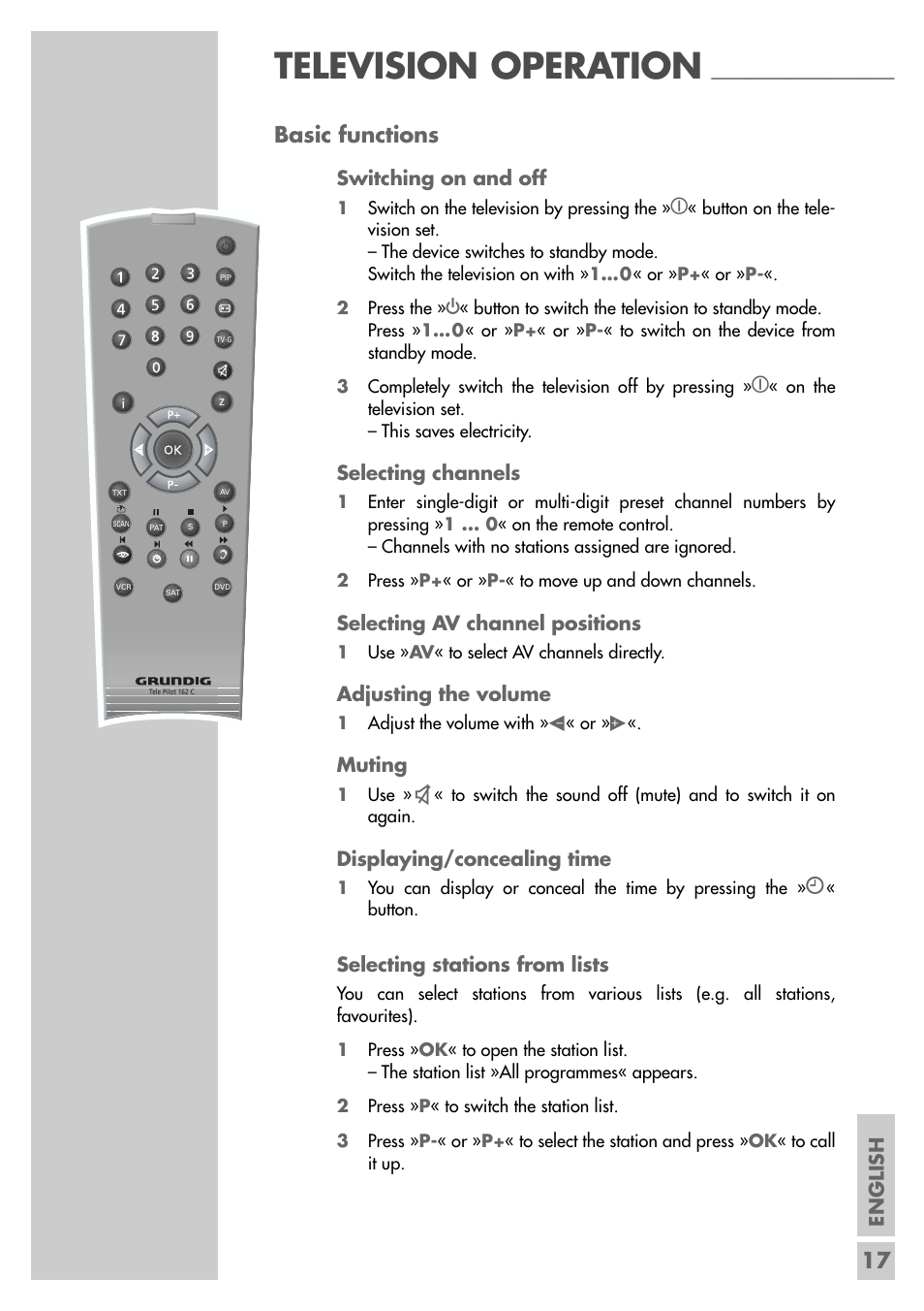 Television operation, 17 basic functions | Grundig MF 72-6510/8 User Manual | Page 17 / 40