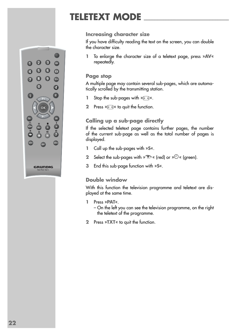 Teletext mode, Increasing character size, Page stop | Calling up a sub-page directly, Double window | Grundig MF 72-6510/8 User Manual | Page 22 / 40