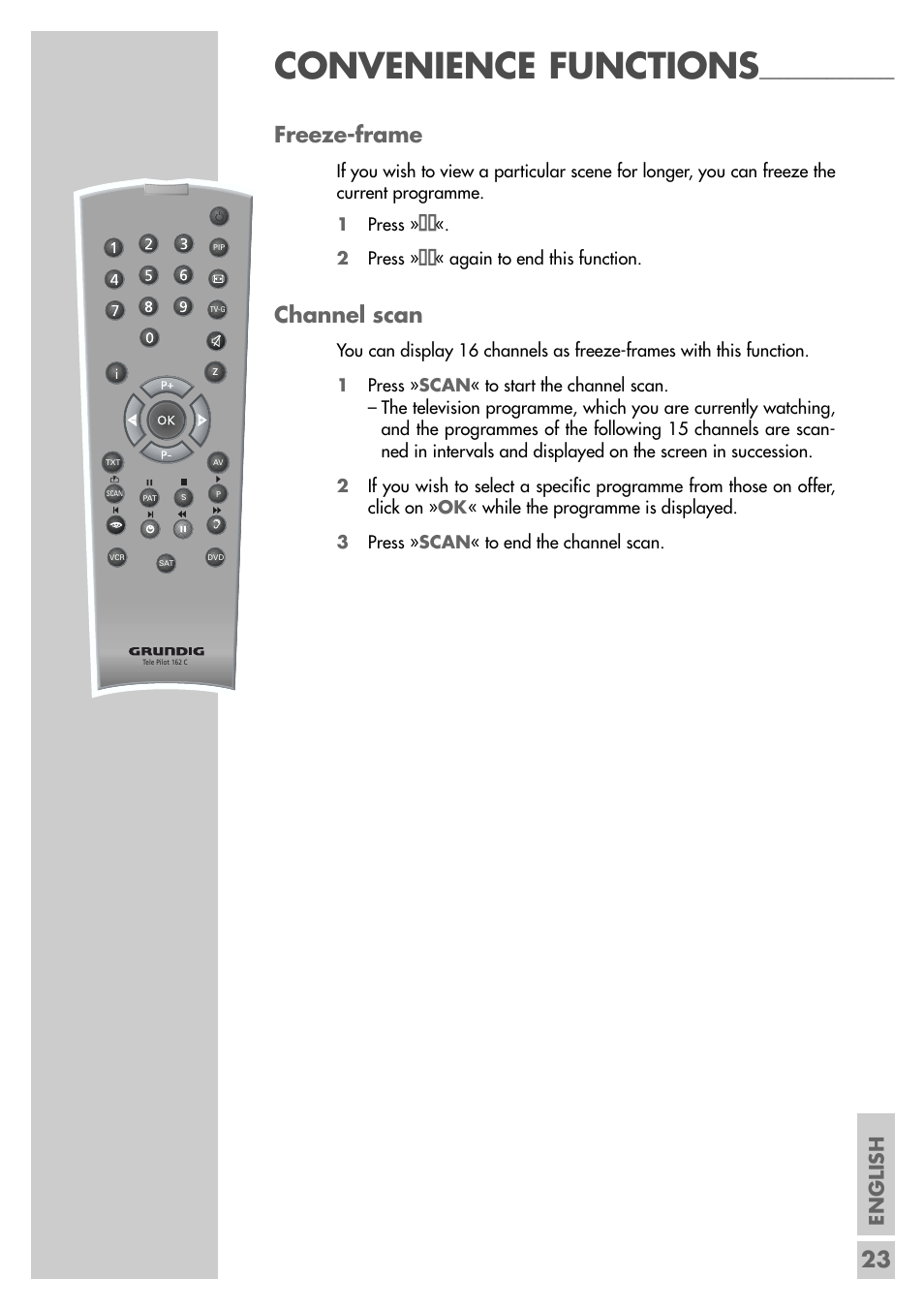 Convenience functions, 23 freeze-frame, Channel scan | English | Grundig MF 72-6510/8 User Manual | Page 23 / 40