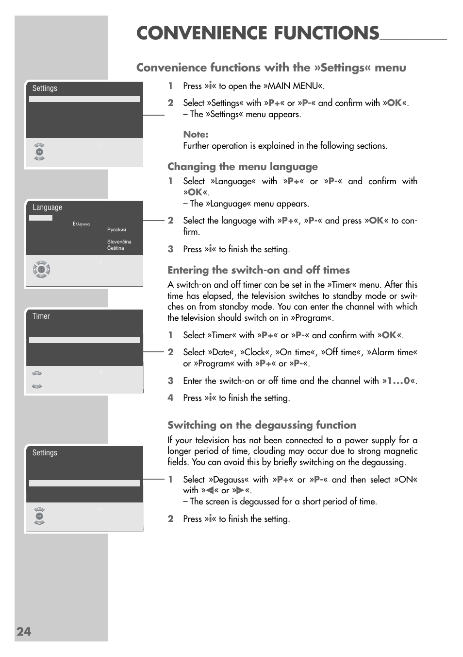 Convenience functions, 24 convenience functions with the »settings« menu, Changing the menu language | Entering the switch-on and off times, Switching on the degaussing function | Grundig MF 72-6510/8 User Manual | Page 24 / 40