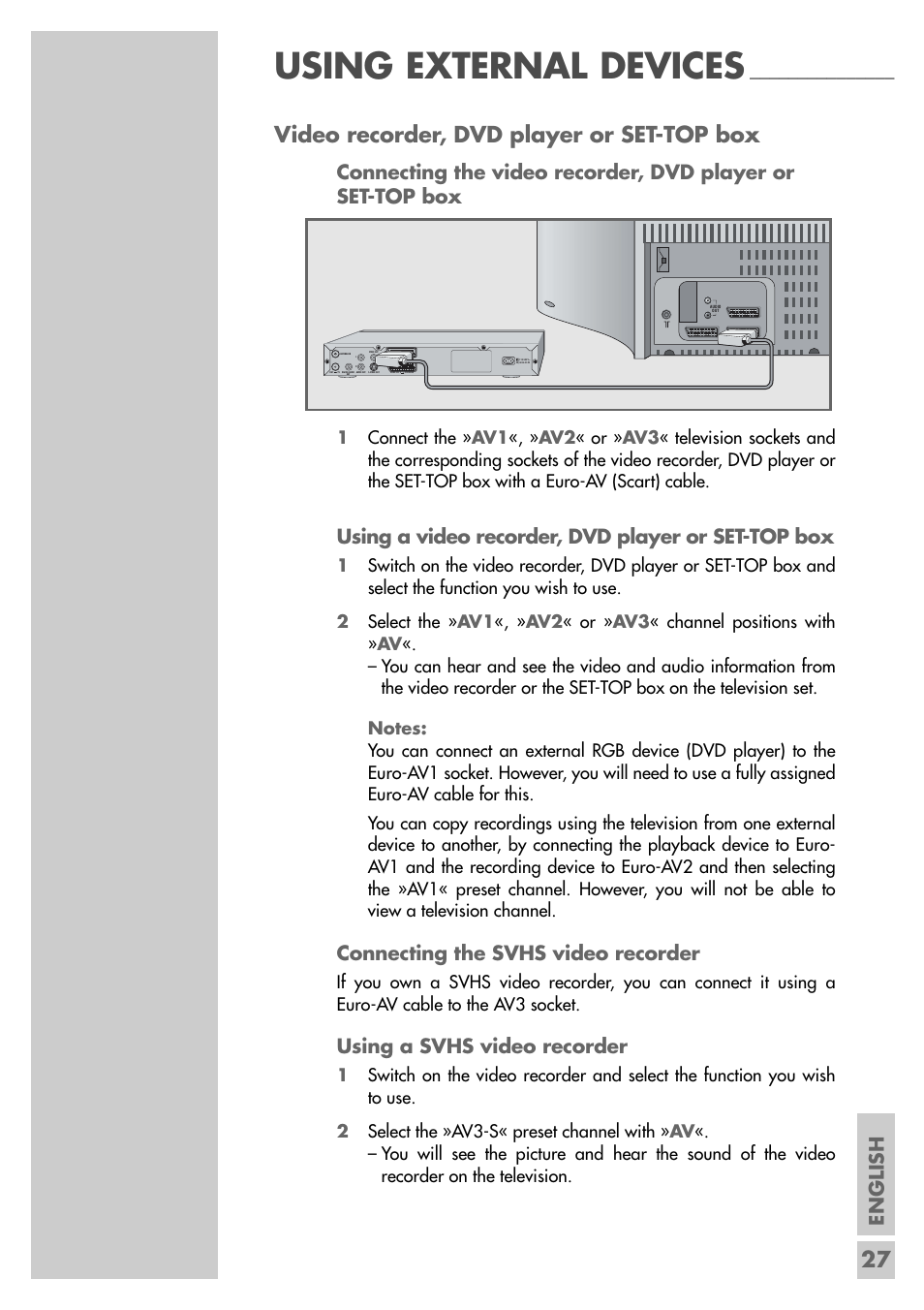 Using external devices, 27 video recorder, dvd player or set-top box, English | Using a video recorder, dvd player or set-top box, Connecting the svhs video recorder, Using a svhs video recorder | Grundig MF 72-6510/8 User Manual | Page 27 / 40