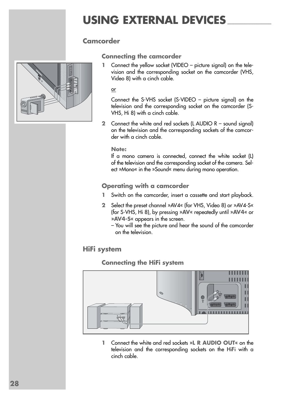Using external devices, 28 camcorder, Hifi system | Connecting the camcorder, Operating with a camcorder, Connecting the hifi system | Grundig MF 72-6510/8 User Manual | Page 28 / 40