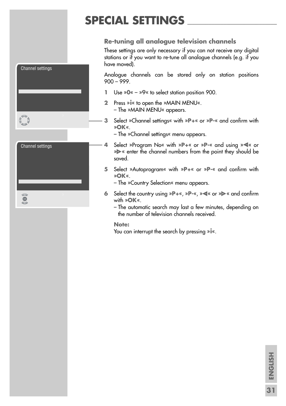 Special settings, English, Re-tuning all analogue television channels | Grundig MF 72-6510/8 User Manual | Page 31 / 40