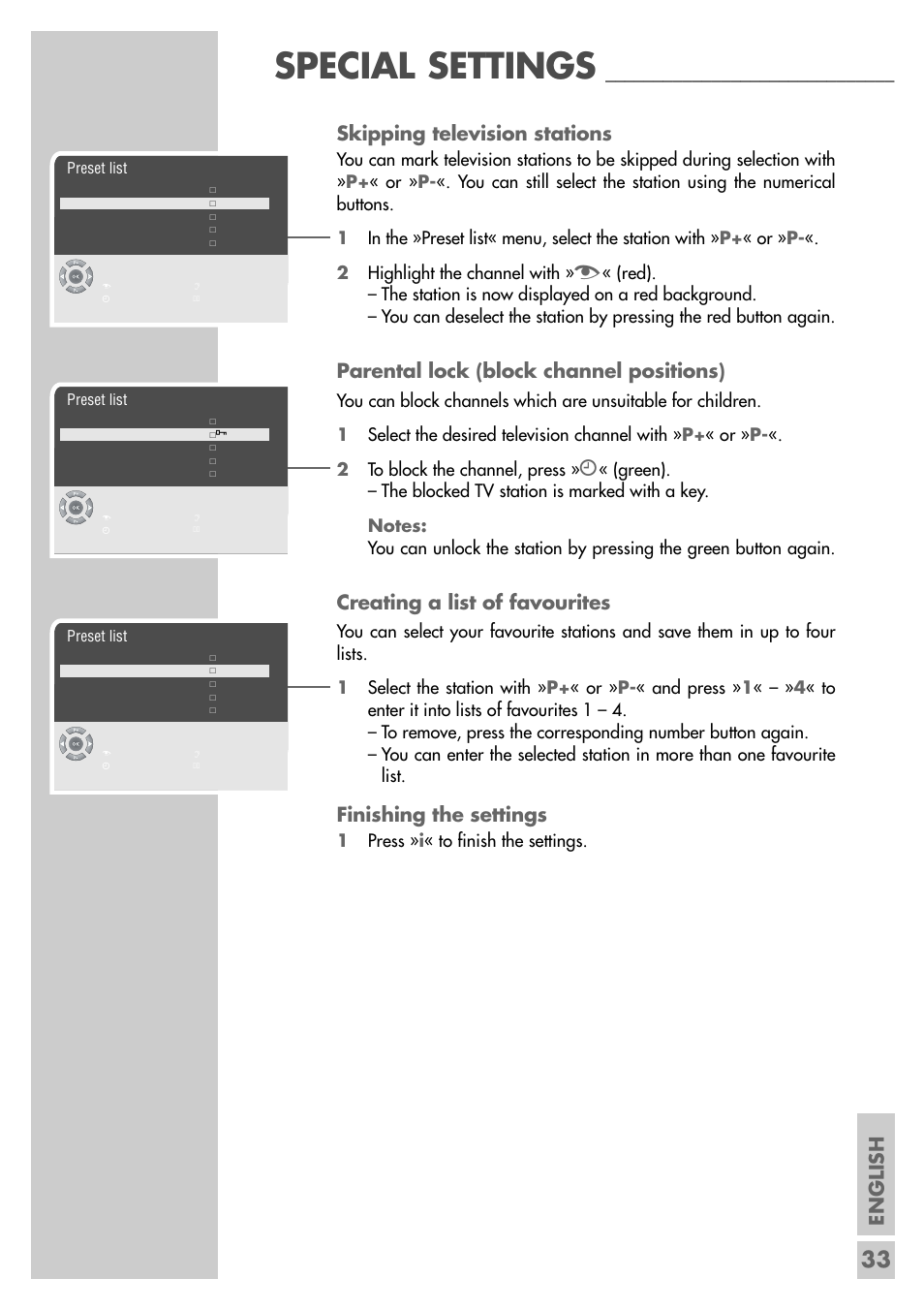 Special settings, English, Skipping television stations | Parental lock (block channel positions), Creating a list of favourites, Finishing the settings, 1press » i « to finish the settings | Grundig MF 72-6510/8 User Manual | Page 33 / 40