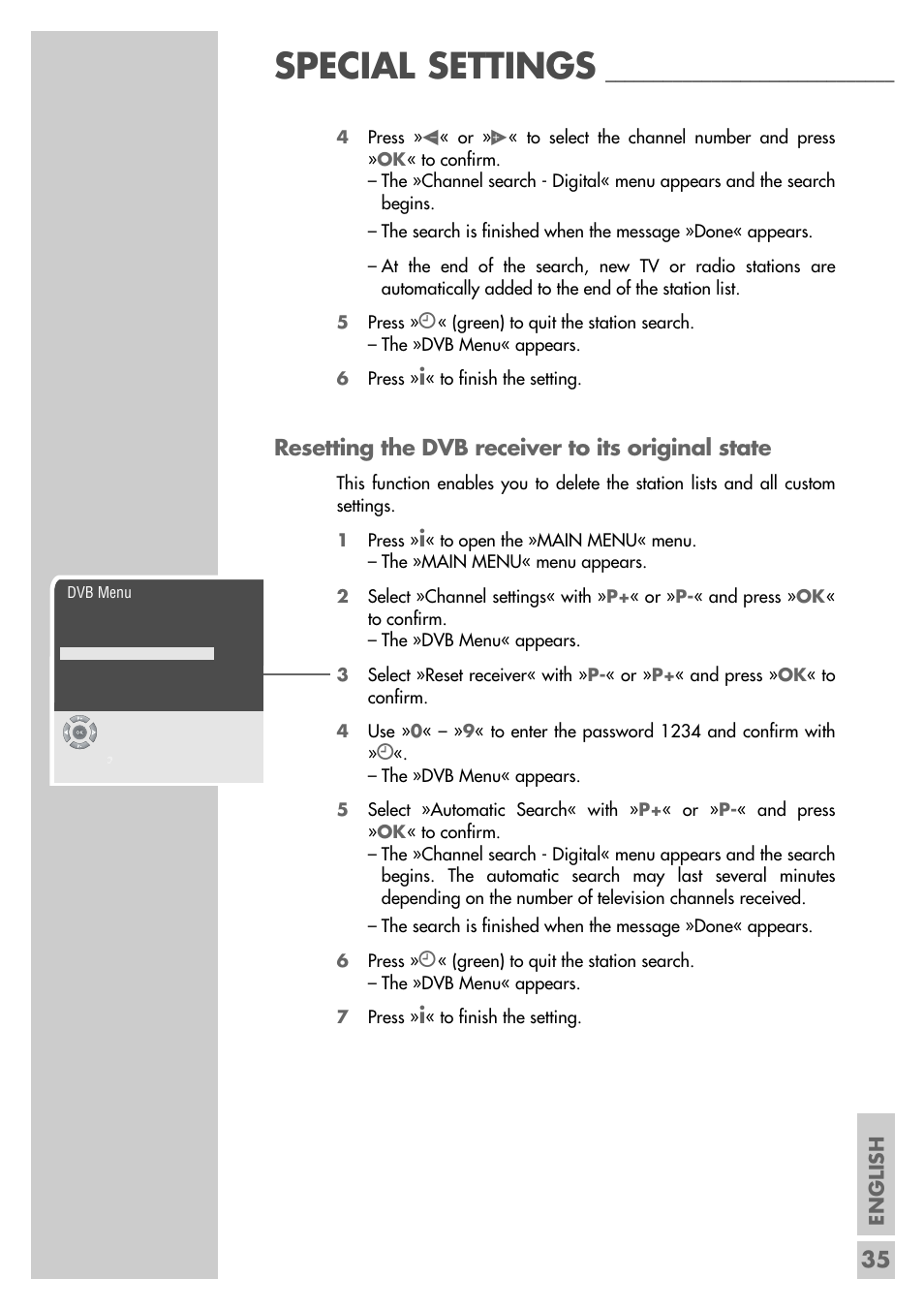 Special settings, Resetting the dvb receiver to its original state | Grundig MF 72-6510/8 User Manual | Page 35 / 40