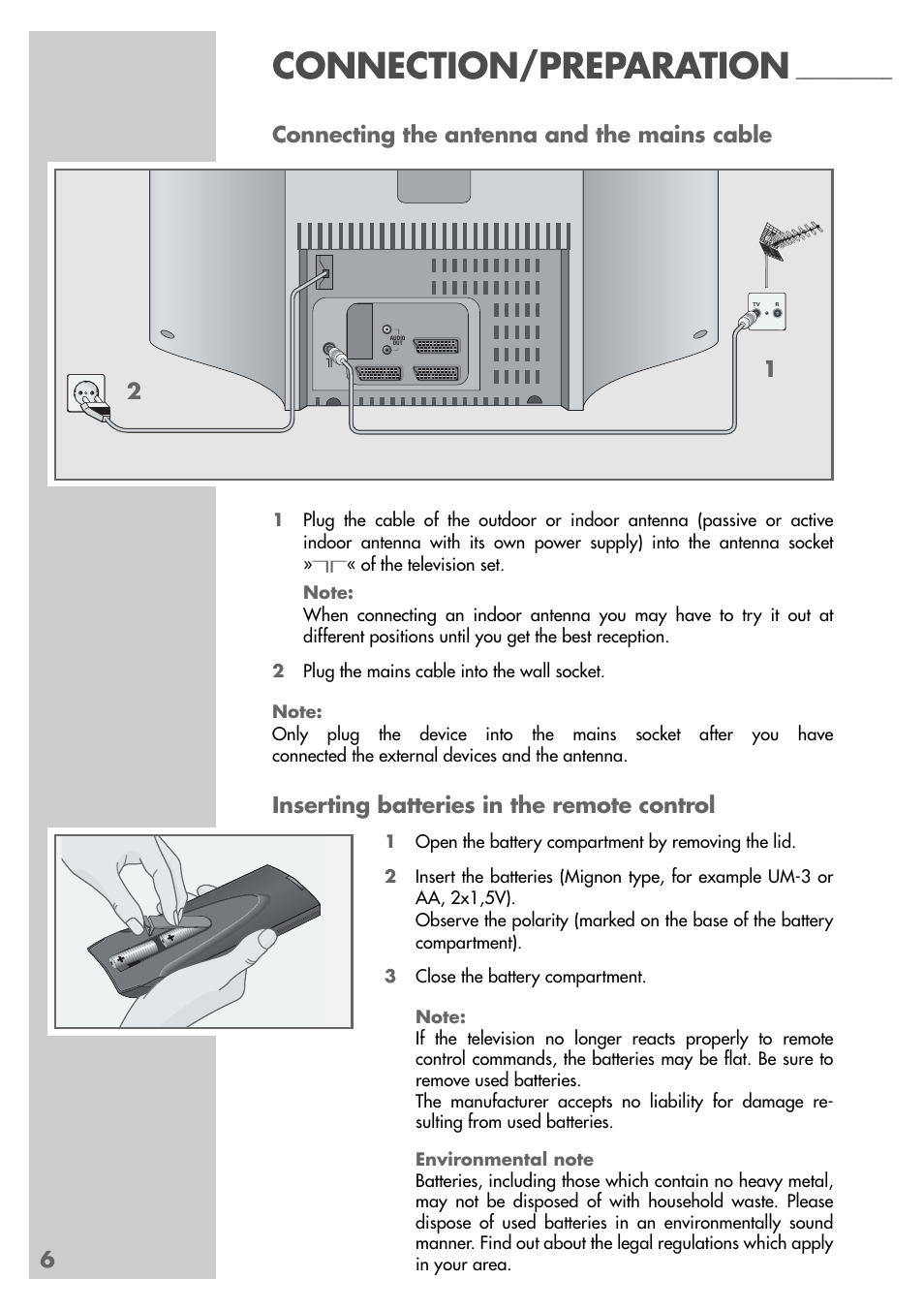 Connection/preparation, 6connecting the antenna and the mains cable, Inserting batteries in the remote control | Grundig MF 72-6510/8 User Manual | Page 6 / 40