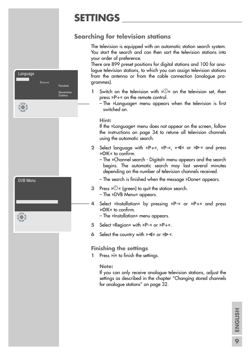 Settings, 9searching for television stations | Grundig MF 72-6510/8 User Manual | Page 9 / 40