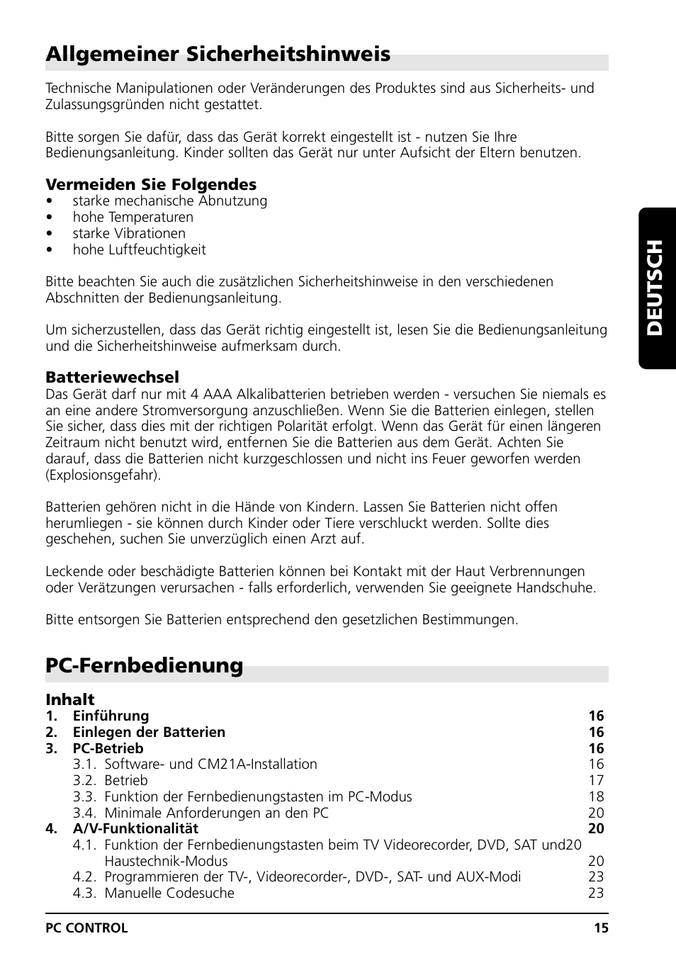Allgemeiner sicherheitshinweis, Pc-fernbedienung, Deutsch | Grundig PC CONTROL User Manual | Page 15 / 56