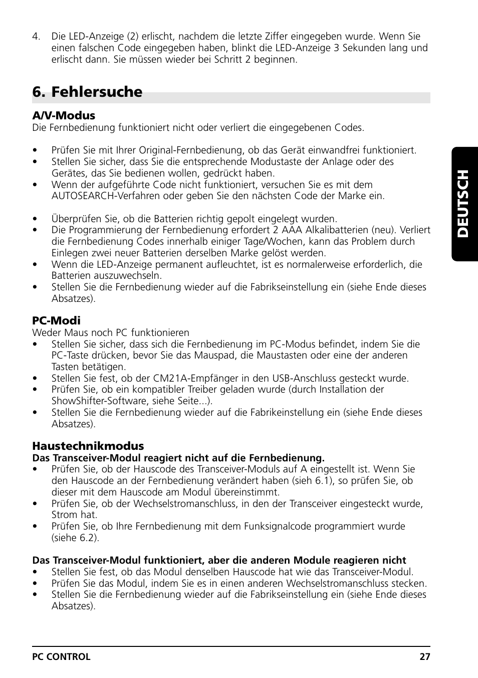 Fehlersuche, Deutsch | Grundig PC CONTROL User Manual | Page 27 / 56