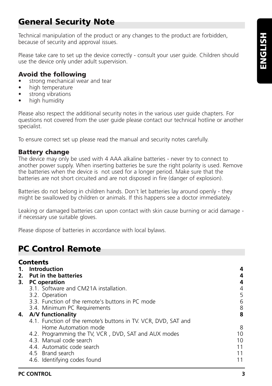 Pc control remote, English | Grundig PC CONTROL User Manual | Page 3 / 56