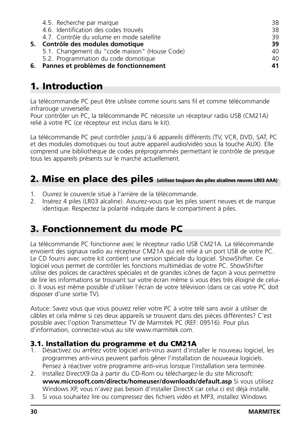 Introduction, Mise en place des piles, Fonctionnement du mode pc | Grundig PC CONTROL User Manual | Page 30 / 56