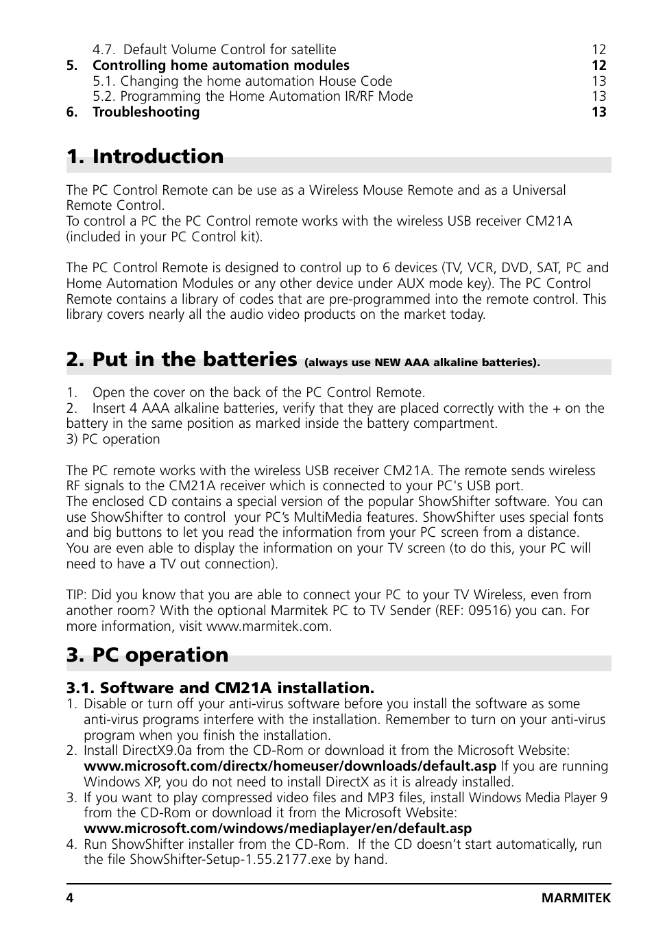 Introduction, Put in the batteries, Pc operation | Grundig PC CONTROL User Manual | Page 4 / 56