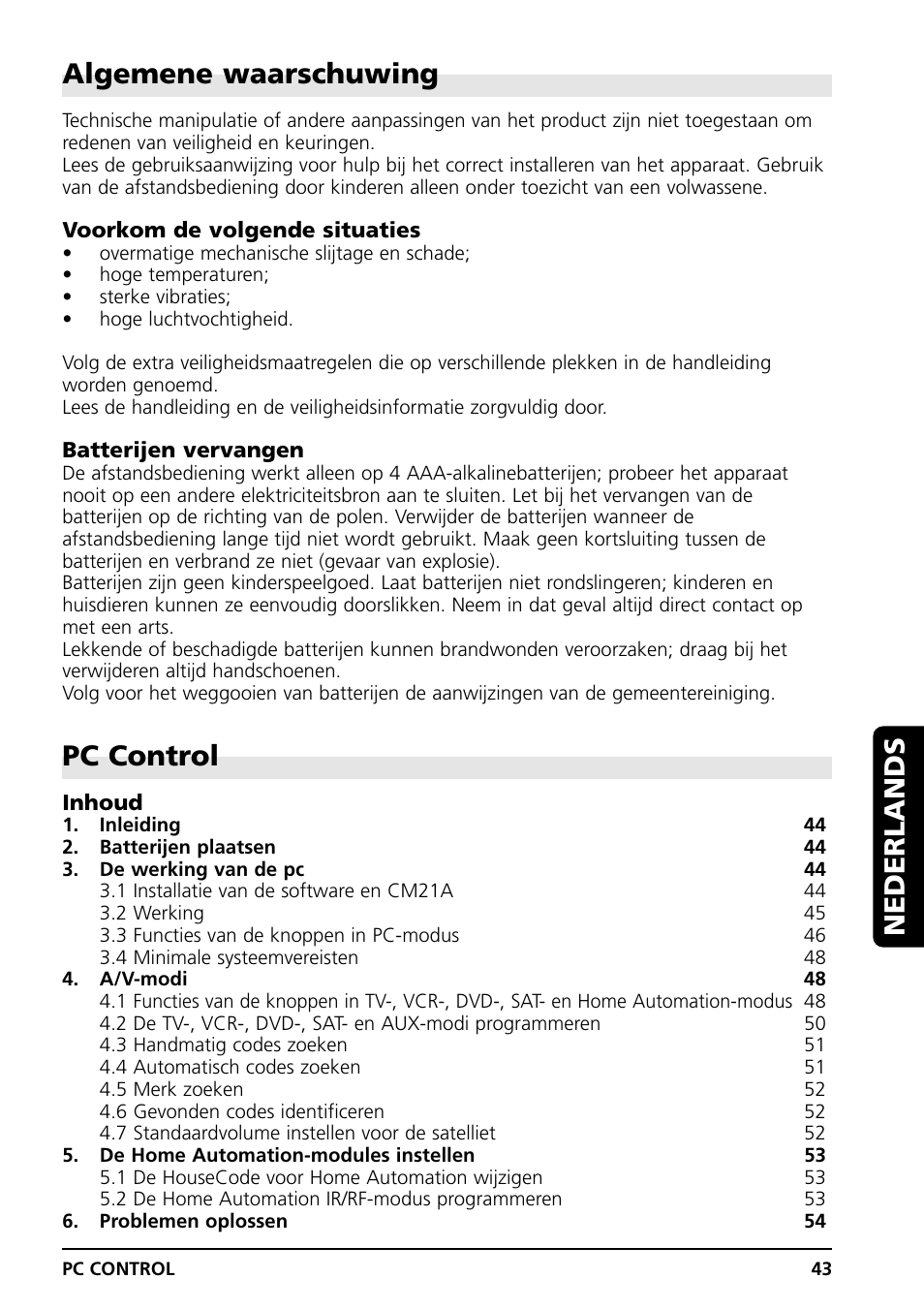 Algemene waarschuwing, Pc control, Nederlands | Grundig PC CONTROL User Manual | Page 43 / 56