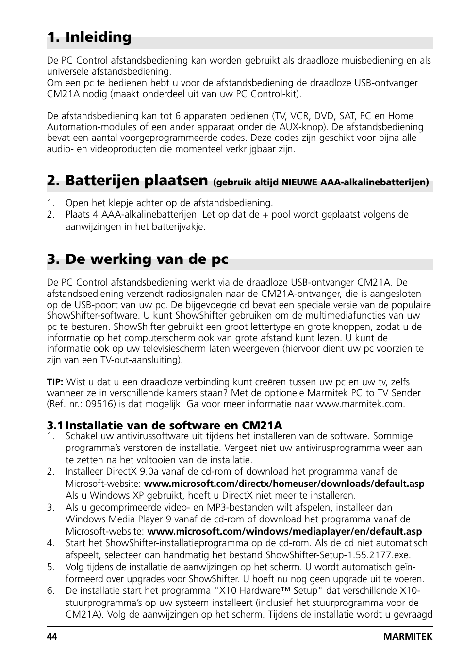 Inleiding, Batterijen plaatsen, De werking van de pc | Grundig PC CONTROL User Manual | Page 44 / 56