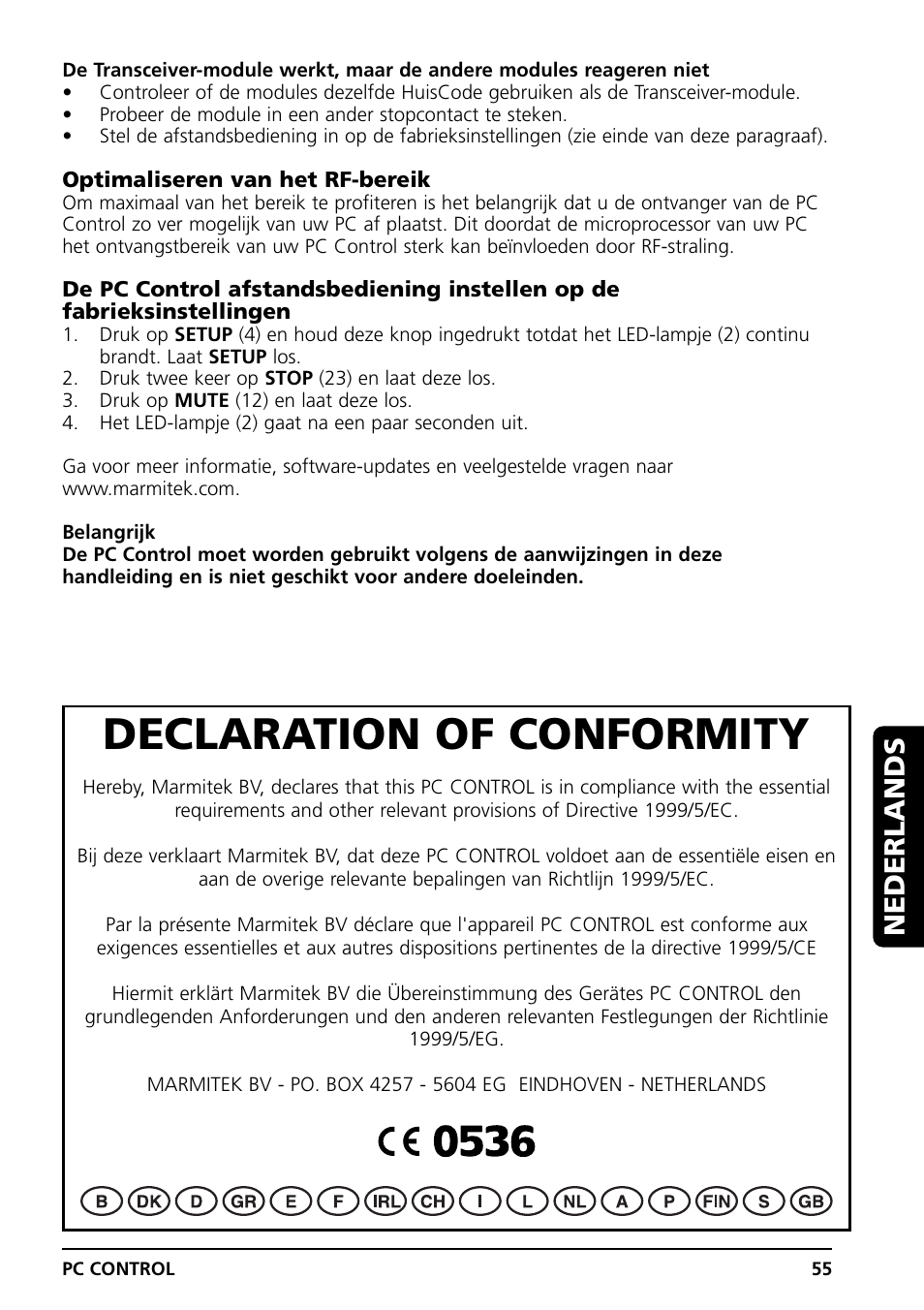 Declaration of conformity, Nederlands | Grundig PC CONTROL User Manual | Page 55 / 56