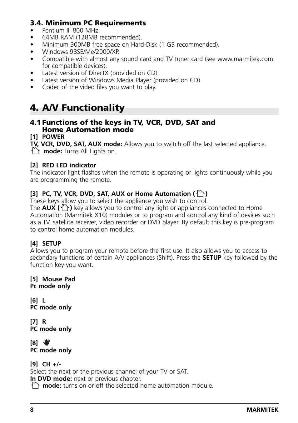 A/v functionality | Grundig PC CONTROL User Manual | Page 8 / 56