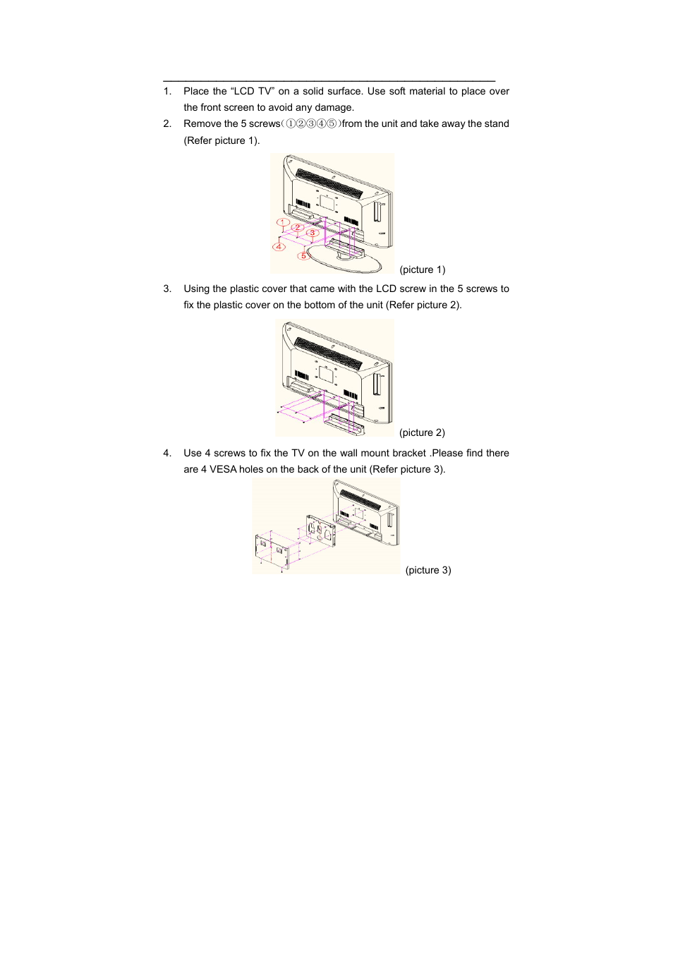 Wall mount bracket installation guidelines | Grundig GLCD1906HDVW User Manual | Page 7 / 44