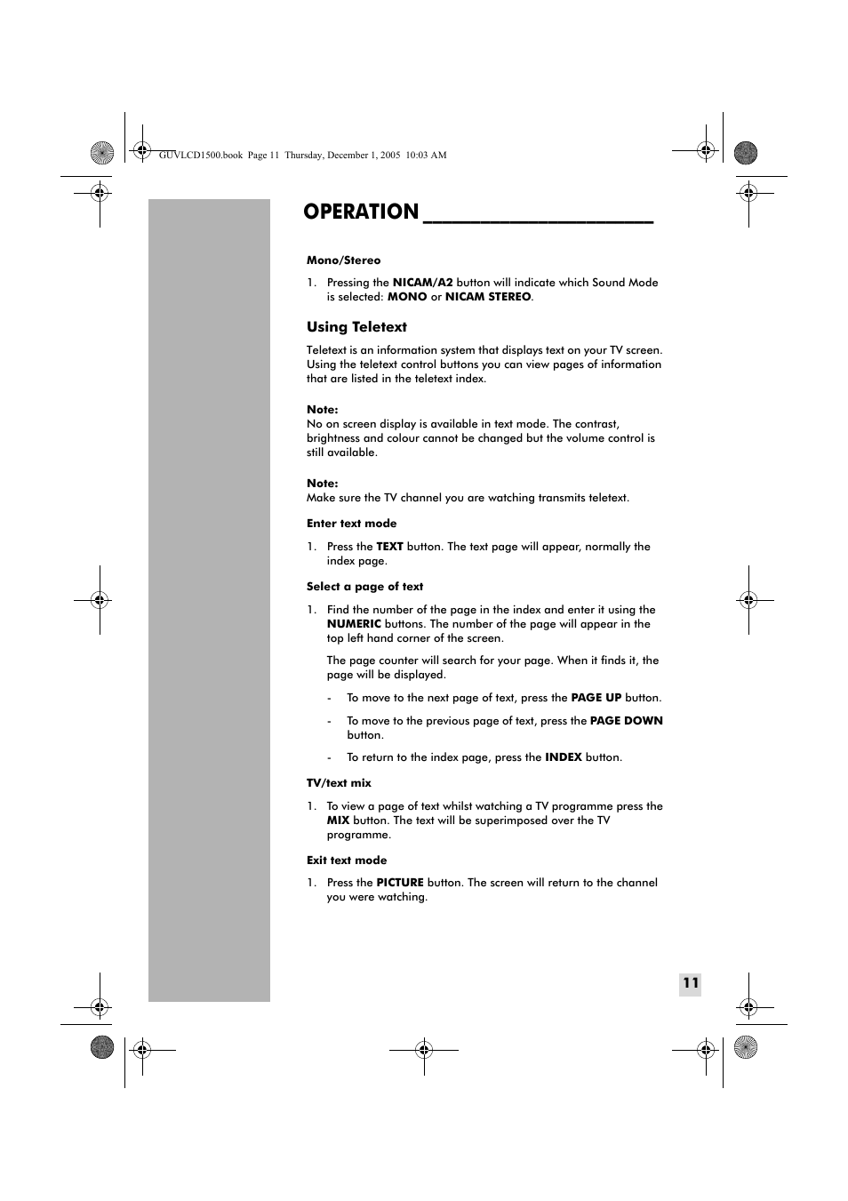 Operation | Grundig GUVL1500 User Manual | Page 11 / 24
