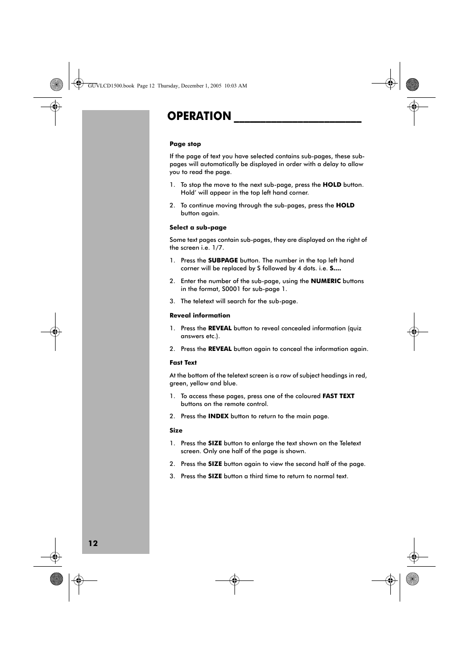 Operation | Grundig GUVL1500 User Manual | Page 12 / 24