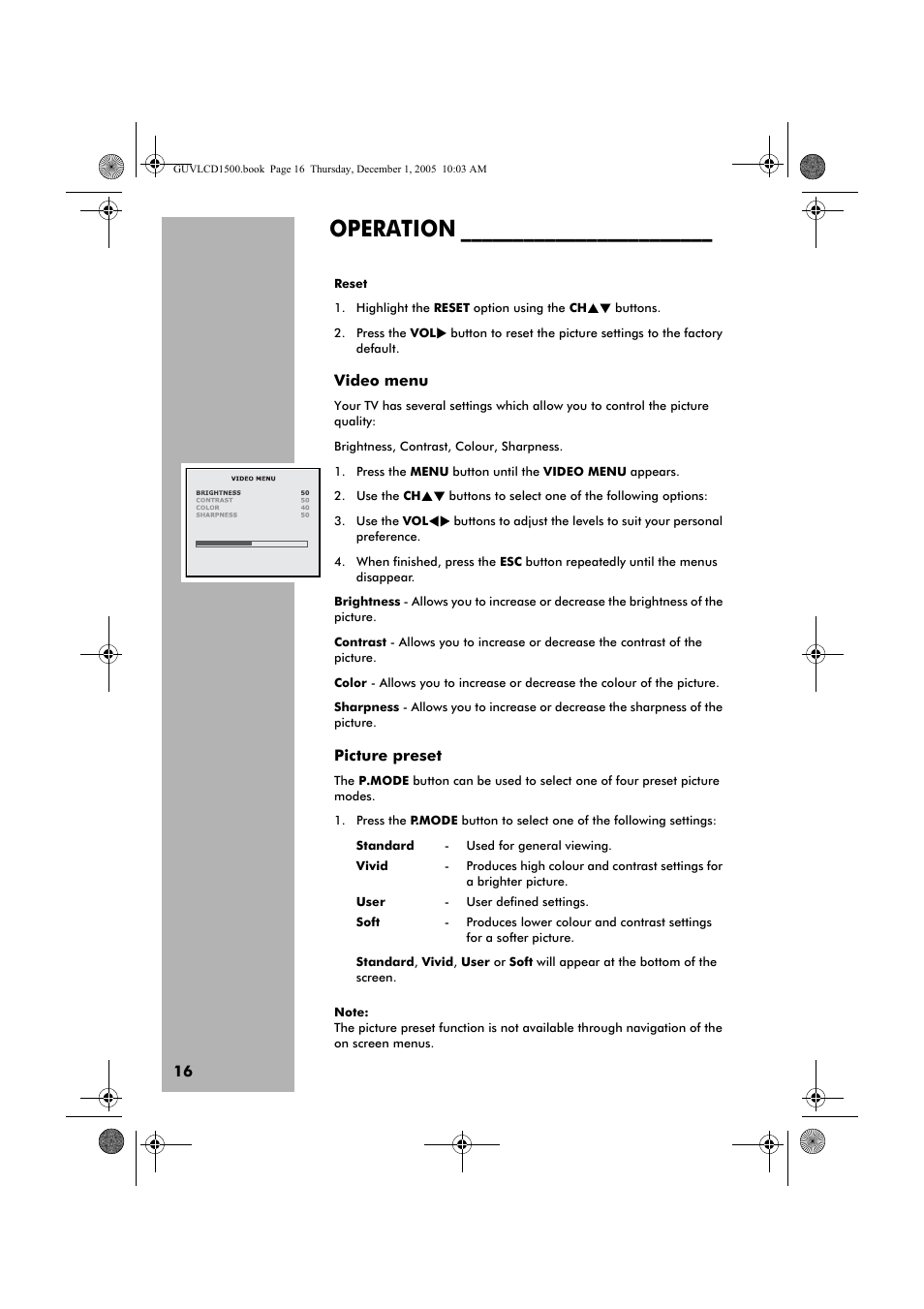 Operation | Grundig GUVL1500 User Manual | Page 16 / 24