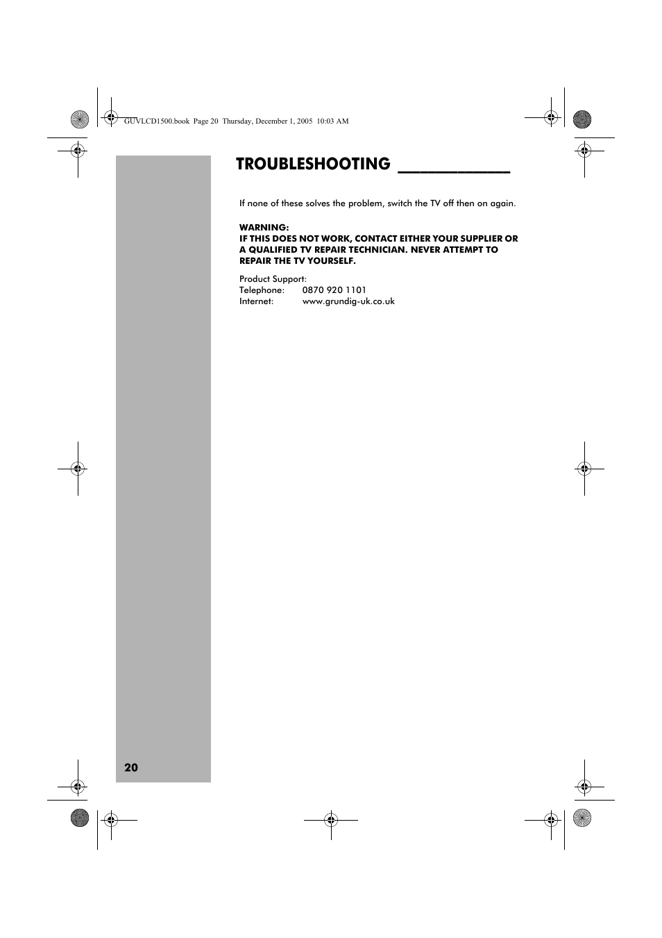 Troubleshooting | Grundig GUVL1500 User Manual | Page 20 / 24