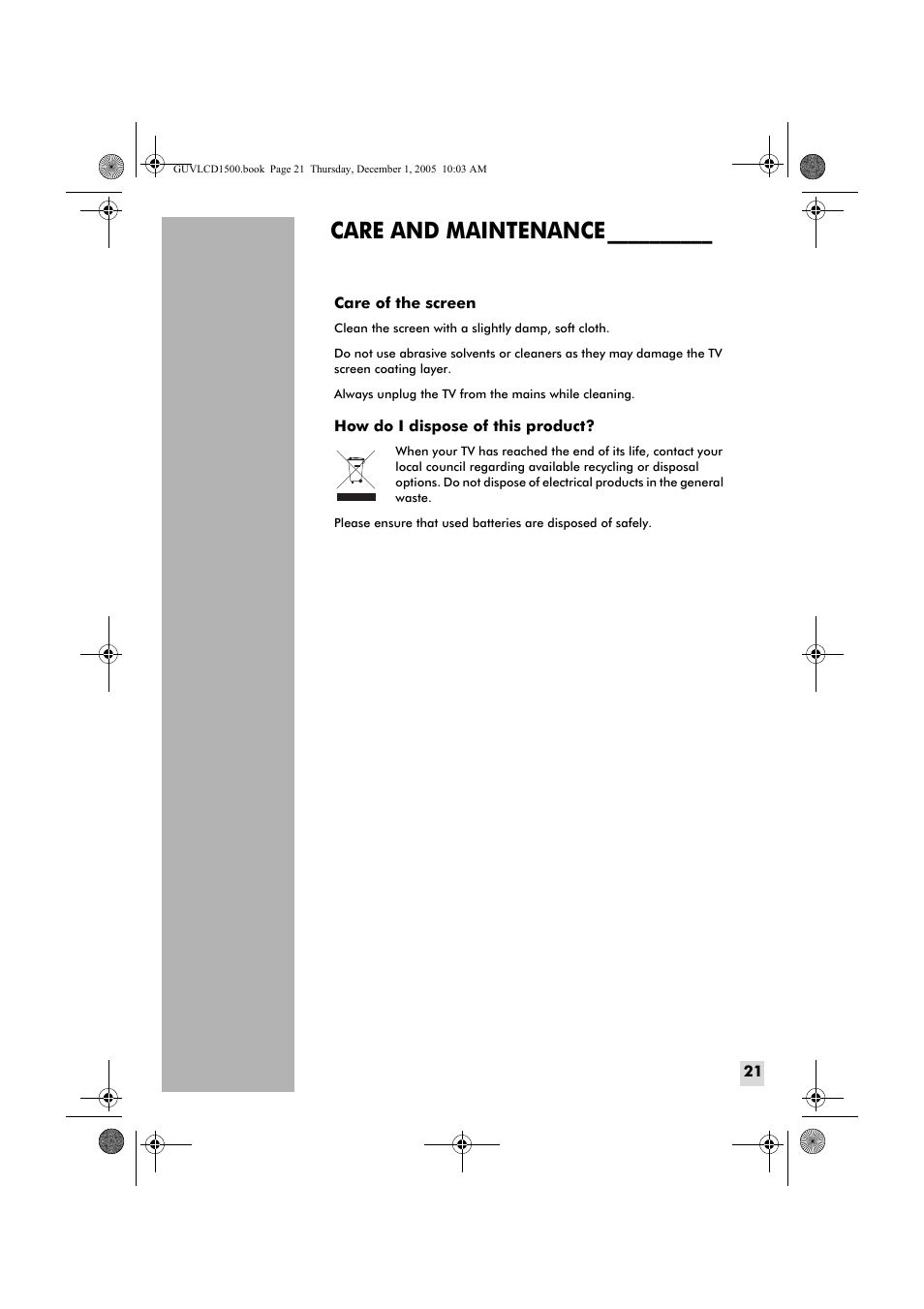 Care and maintenance | Grundig GUVL1500 User Manual | Page 21 / 24
